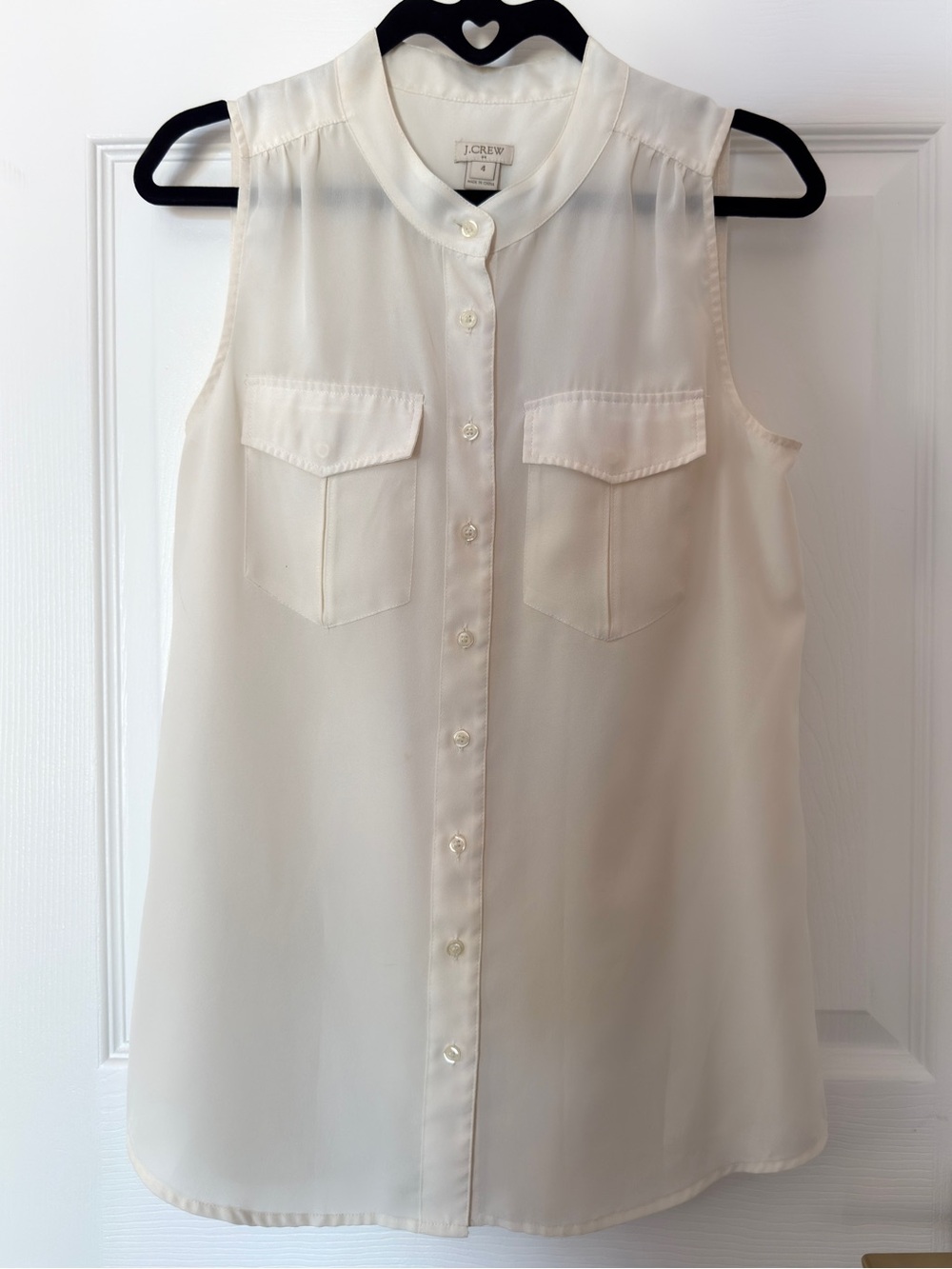 J. Crew Cream Sleeveless Button-Front Pocket Blouse, Size 4